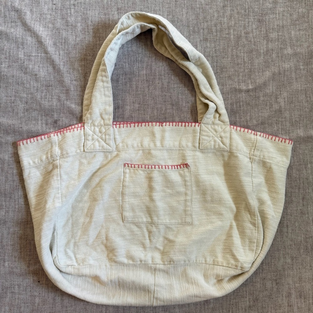 Aerie Tote Bag Cream Pink Blanket Stitch Slub Cotton Handbag